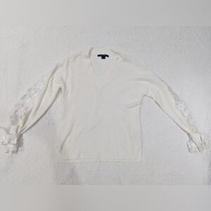 French Connection Women's White V-Neck Sweater With Lace Sleeve Detail